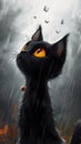 black kitty cat kitten yellow eyes sitting rain cute fiery red watery sad vampire looking upwards childlike covered deep drops