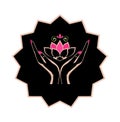 Black label with beautiful logo design for spa salon with female hands silhouette holding a pink lotus flower