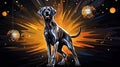 Black labrador dog at a disco nightclub. Orange and black colors with a disco ball