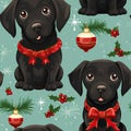 Black labrador puppy seamless Christmas wrapping paper background, with holly and ornaments Royalty Free Stock Photo