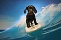 a black labrador puppy on a surfboard, riding a small wave