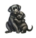 Black Labrador Retriever, cute dogs mom and puppy baby hugging, motherhood. Watercolor