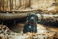 Black labrador retriever playing in a puddle of water, wet and muddy