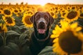 Black Labrador retriever posing in sunny sunflowers field. Generate ai