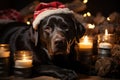 Black labrador with Santa Claus hat sleep near the fireplace. Generative Ai