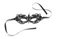 Black lace mask on white background, top view. Accessory for sexual roleplay