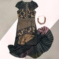 Black lace patterned bouquet dress with a necklace Royalty Free Stock Photo