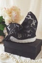 Black lace and pearl fascinator races hat