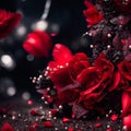 Black lace, red roses and pearls on dark blurred background