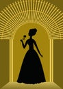 Black lady with flower silhouette in golden gate, luxurious template for ball invitation, announcement in vintage style Royalty Free Stock Photo
