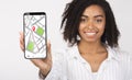 Black Lady Holding Smartphone With Opened Gps Navigation Online Maps On Screen Royalty Free Stock Photo