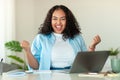 Black Lady Using Laptop Gesturing Yes Celebrating Success At Workplace Royalty Free Stock Photo