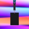 Black Lanyard and Blank Black Badge With Copy Space on Multicolored Gradient Background. Empty Space. 3d rendering