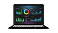 Laptop displaying colorful charts and graphs on screen isolated on white background Keywords: laptop, computer Royalty Free Stock Photo