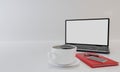 Black laptop computer, cup of black coffee , Red book and smartphone on white background and wallpaper. Top view with copy space, Royalty Free Stock Photo