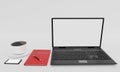 Black laptop computer, cup of black coffee , Red book and smartphone on white background and wallpaper. Top view with copy space, Royalty Free Stock Photo
