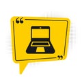 Black Laptop icon isolated on white background. Computer notebook with empty screen sign. Yellow speech bubble symbol Royalty Free Stock Photo