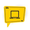 Black Laptop icon isolated on white background. Computer notebook with empty screen sign. Yellow speech bubble symbol Royalty Free Stock Photo