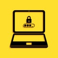 Black Laptop with password notification and lock icon isolated on yellow background. Concept of security, personal Royalty Free Stock Photo