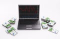 Black Laptop and stacks of euros 3d Royalty Free Stock Photo