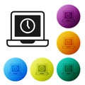 Black Laptop time icon isolated on white background. Computer notebook with empty screen sign. Set icons in color circle Royalty Free Stock Photo