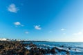 Black lava rocks and water waves of Atlantic ocean, nature landscape on Lanzarote, Canary islands, Spain Royalty Free Stock Photo