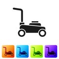 Black Lawn mower icon isolated on white background. Lawn mower cutting grass. Set icons in color square buttons. Vector Royalty Free Stock Photo