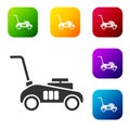 Black Lawn mower icon isolated on white background. Lawn mower cutting grass. Set icons in color square buttons. Vector Royalty Free Stock Photo