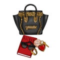Black Leather and Animal Print with agenda, sunglasses, face powder and keys