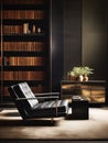 Black leather armchair in a modern living room with a large bookcase and a metal chest of drawers. Generative AI Royalty Free Stock Photo