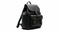 Black leather backpack featuring a front flap with brass buckles and decorative Royalty Free Stock Photo
