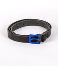 Black Leather belt for men and women with blue buckle on white