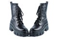 Black Leather boots . Fashionable modern female Shoes Made of black Leather. Woman`s Military Style Boots