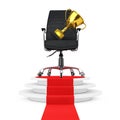 Black Leather Boss Office Chair with Golden Trophy over Round White Pedestal with Steps and a Red Carpet. 3d Rendering