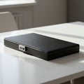 A black leather briefcase with a combination lock on its side rests on a white table. The Royalty Free Stock Photo