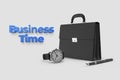 Black leather briefcase and watch with pen on the white isolated background Royalty Free Stock Photo