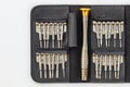A black leather case holds a set of miniature screwdrivers. The set includes a handle with a gold top and interchangeable bits Royalty Free Stock Photo