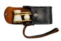 Black leather case with a white object inside, retro vintage theater binoculars Royalty Free Stock Photo