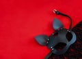 Black leather cat mask on red background for masquerade. Copy space. Top view. Royalty Free Stock Photo