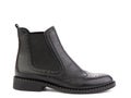 black leather chelsea boots with black elasticated side details, pattern details and black rubber sole. Isolated close