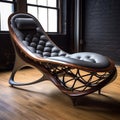 Futuristic Chaise Lounge: Black Leather And Copper With Intricate Woodwork