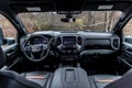 Black leather interior of a 2020 GMC Sierra 2500HD AT4 pickup truck