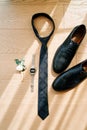 Black leather men shoes stand on a wooden floor next to a boutonniere, tie and watch