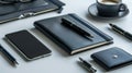 A black leather notebook lies open next to a sleek pen, a modern phone, and a cup of coffee on a table Royalty Free Stock Photo