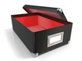 Black leather opened box, with chrome corners, red interior and blank label Royalty Free Stock Photo