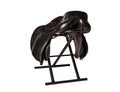 Black leather professional jumping saddle putting at saddle rack. isolated at white Royalty Free Stock Photo