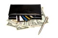 Black leather purse with banknotes and credit cards Royalty Free Stock Photo