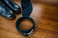 Male accessories. Shoes with tie and cuff Royalty Free Stock Photo