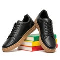 Black leather sneakers on books stack, isolated on white background Royalty Free Stock Photo