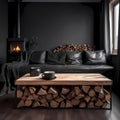 Black leather sofa with blanket and wooden table Royalty Free Stock Photo